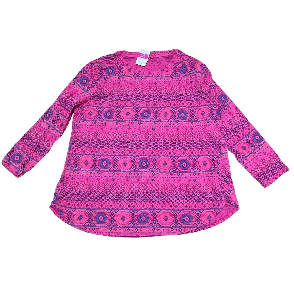 Fresh Produce Women's 1X Stamped Geo Catalina Top Raspberry Pink Cotton Plus NWT